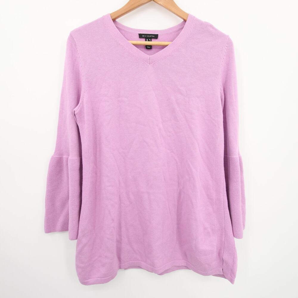 H by Halston Sweater Purple V Neck Bell Sleeve 3/4 Sleeve Side Slit Knitted